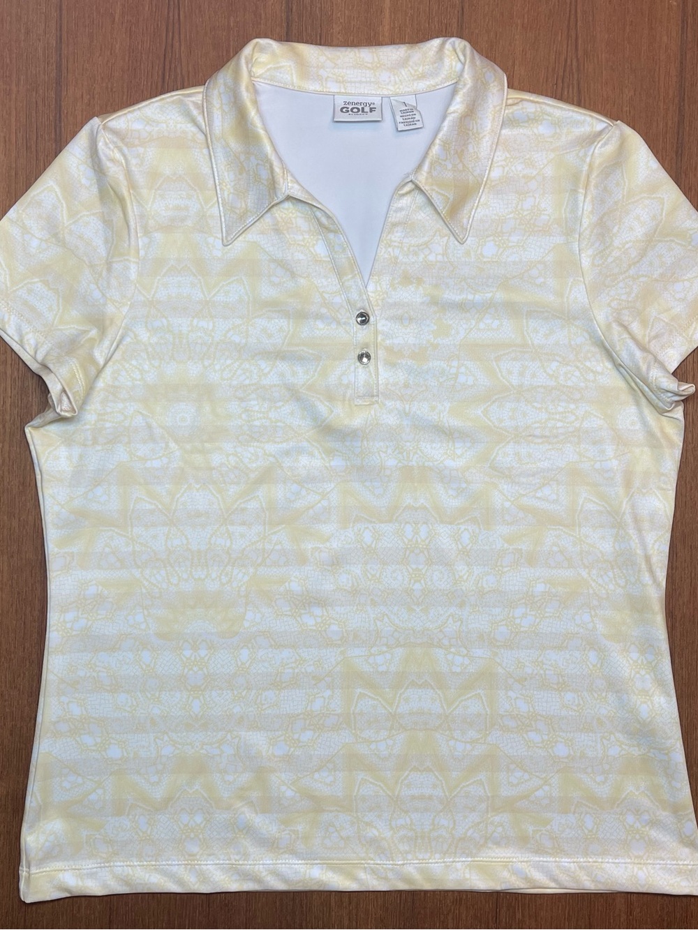 Chico's Light Yellow and White Short Sleeve Button-Down Polo